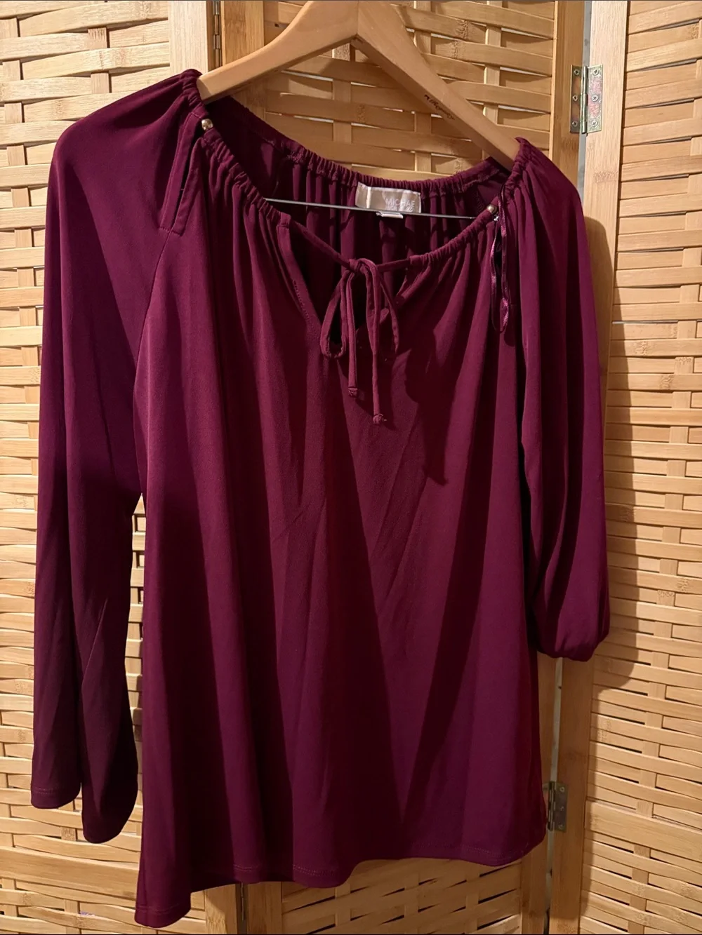 Michael Kors Wine Peasant Blouse with Tie Neck